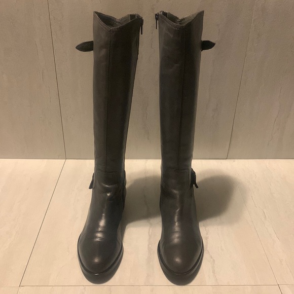 Garnet Hill Women's Dark Gray Leather Buckle Lateral Zipper Tall Boots Size 8.5 - Picture 1 of 12